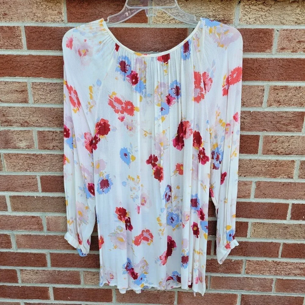 Lucky Brand Boho Flowy Peasant Top Women's Size 1X Watercolor Flowers